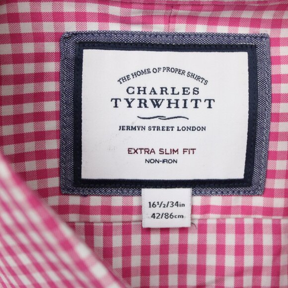 Charles Tyrwhitt Shirt Mens 16 1/2, 34 Pink Extra Slim Fit Non-Iron Cotton L/S - Picture 8 of 14